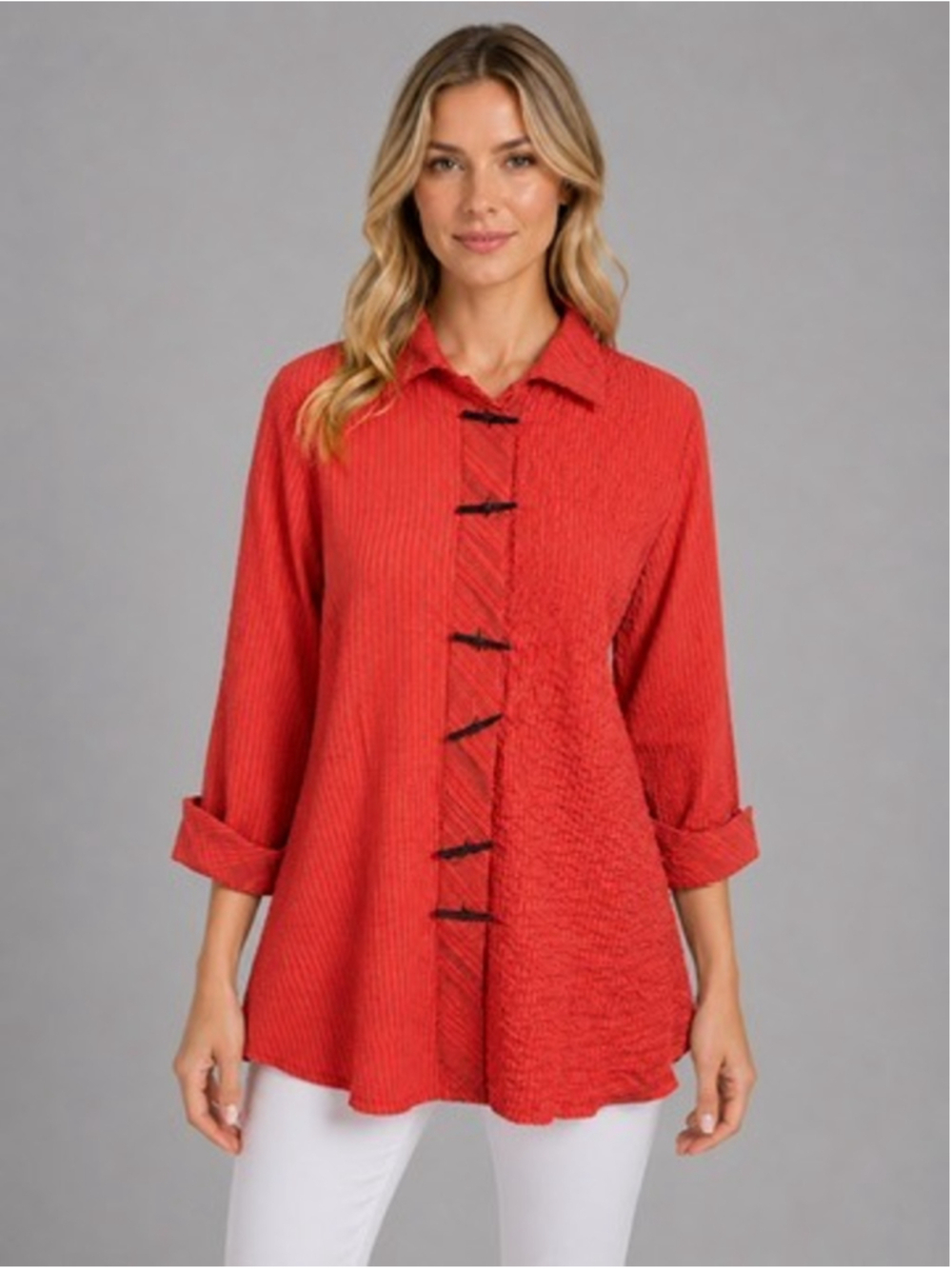Ali Miles Art To Wear Orange Crinkle Tunic Lagenlook Stick Toggle Top Size S
